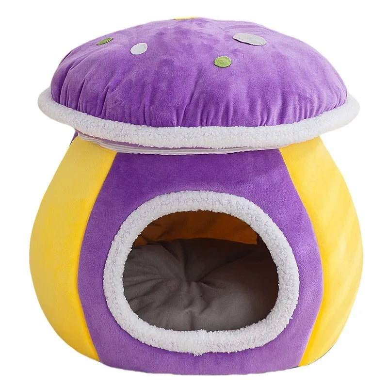Grey mushroom-shaped plush cat bed on a white background.