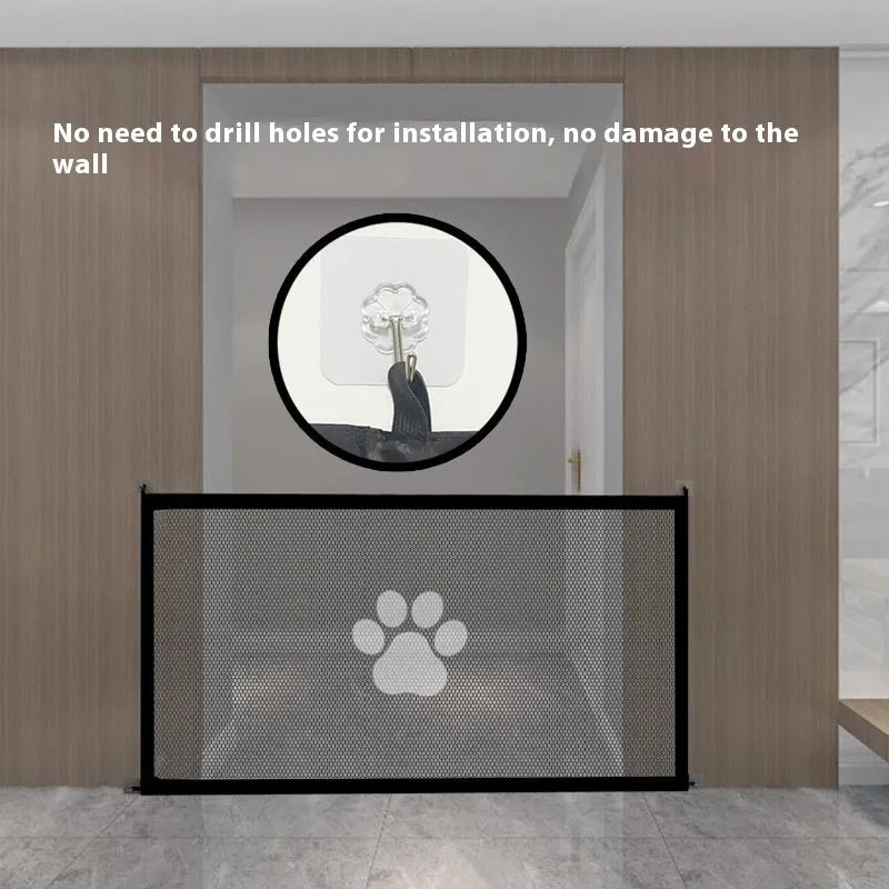 Folding dog barrier with pet doorsill design in doorway setting