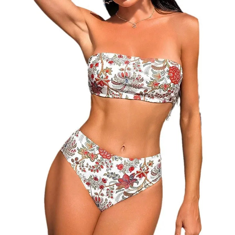 Women's printed bandeau swimsuit set with matching triangle bikini top and shorts for swimming activities