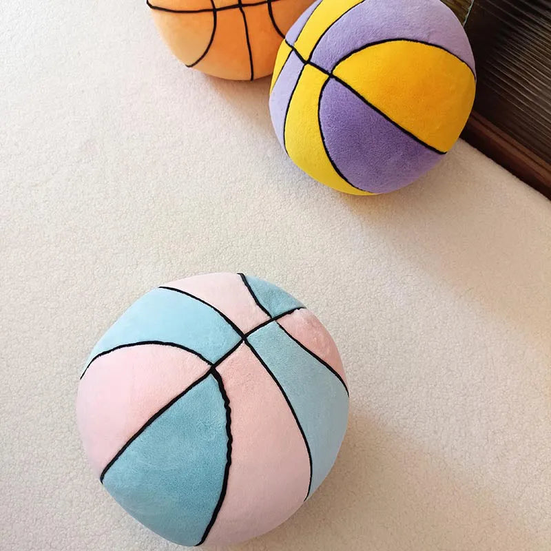 Soft spherical basketball plush toy in orange with black lines, 28cm tall, on a light background