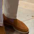 Men's handmade leather loafers in brown with a low tube design and TPR sole