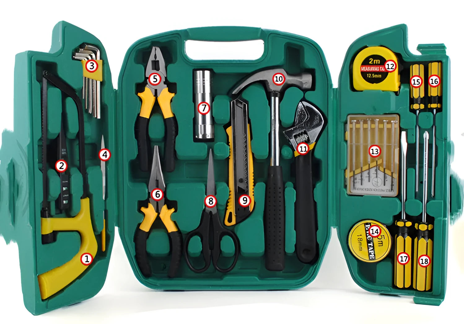 27-piece car emergency tool kit with malleable iron tools in a portable tool box for dual-use home and car maintenance