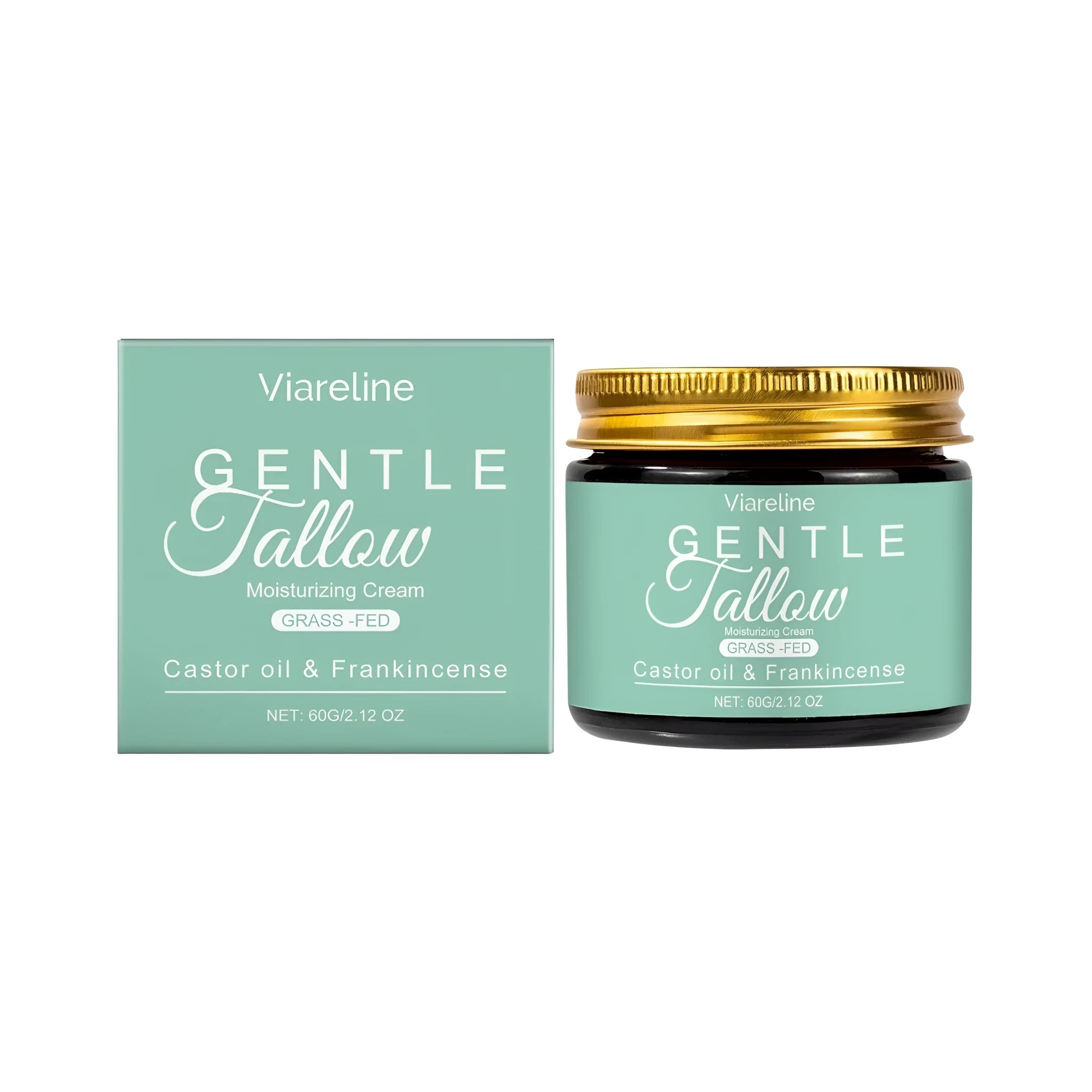 60g glass or plastic jar of beef tallow moisturising cream with label.