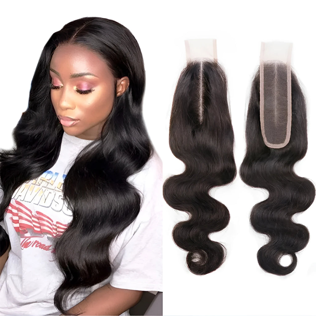 Straight natural colour human hair wig displayed on a stand, showing its length and exotic style.