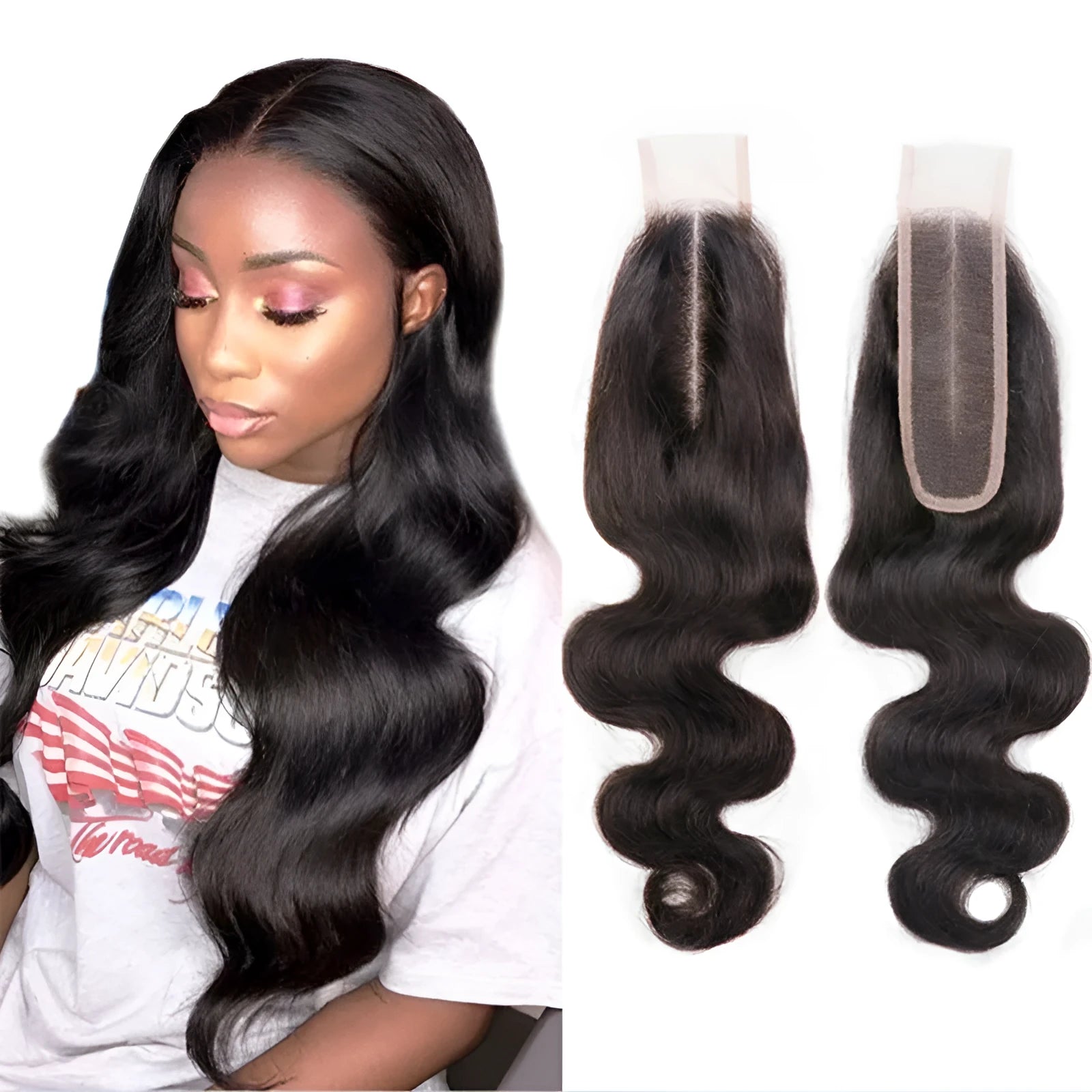 Straight natural colour human hair wig displayed on a stand, showing its length and exotic style.