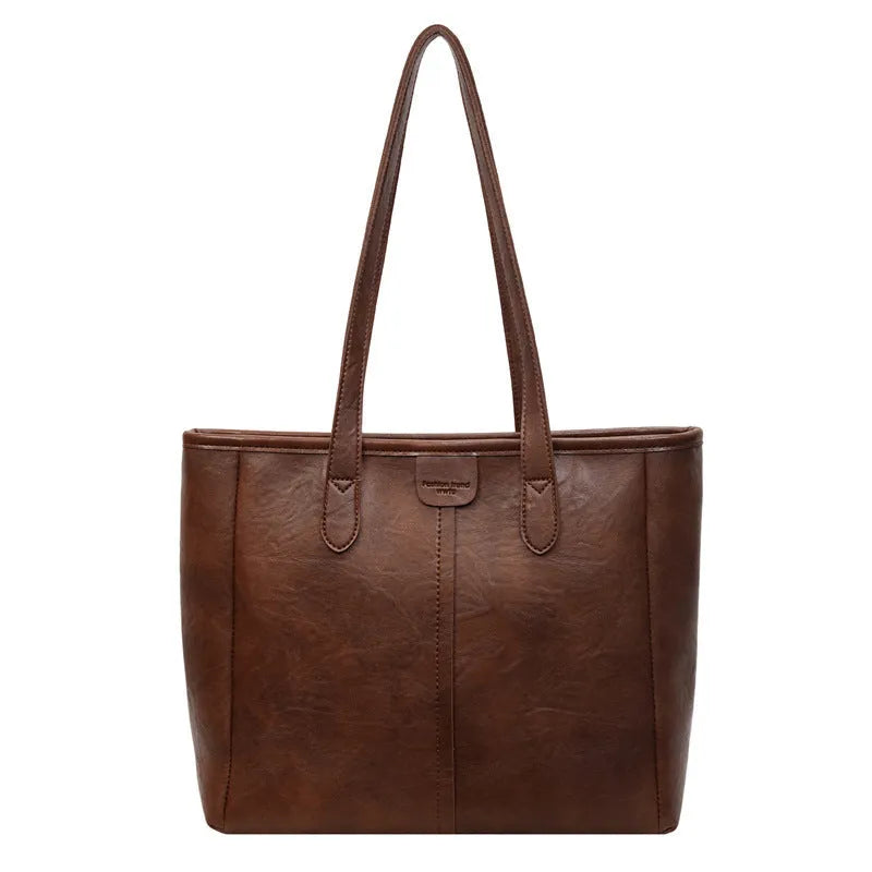 Women's large capacity PU shoulder bag in black with double straps and open top showing 37cm width and 29cm height