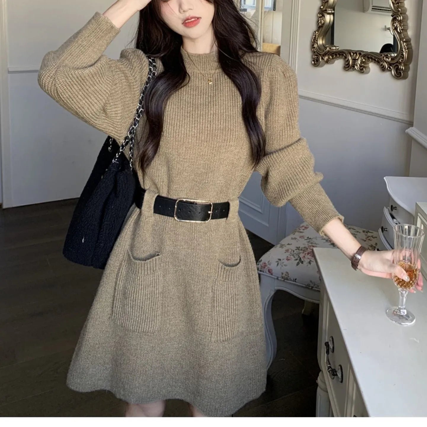 Women's loose knitted base dress with long sleeves and high waist, shown with coordinating black belt