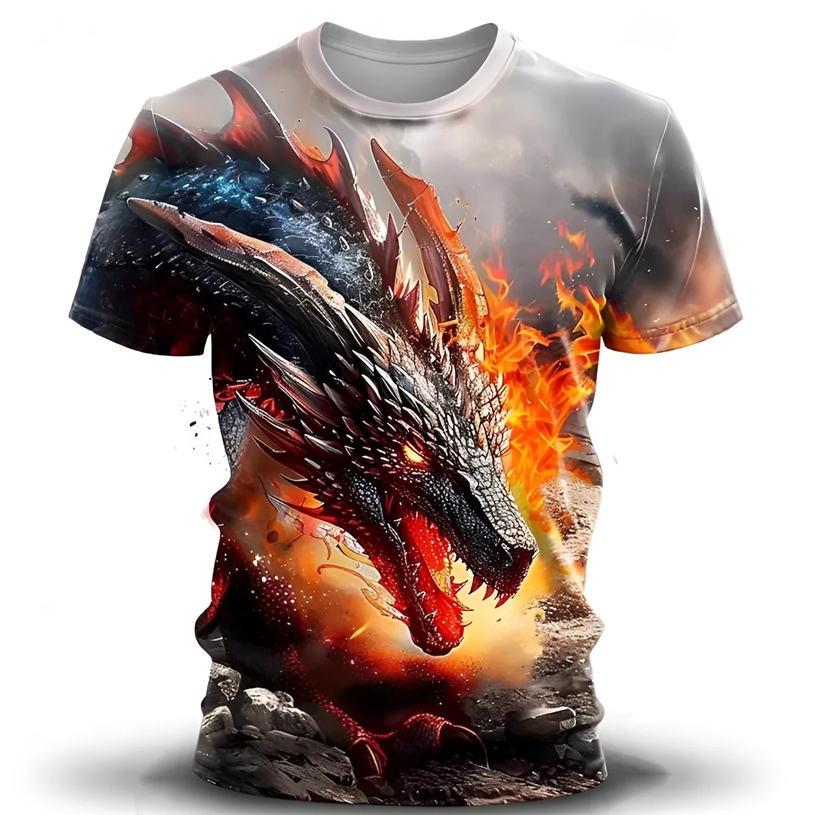 Men's grey T-shirt with 3D wind dragon print design on front, short sleeves, pullover style