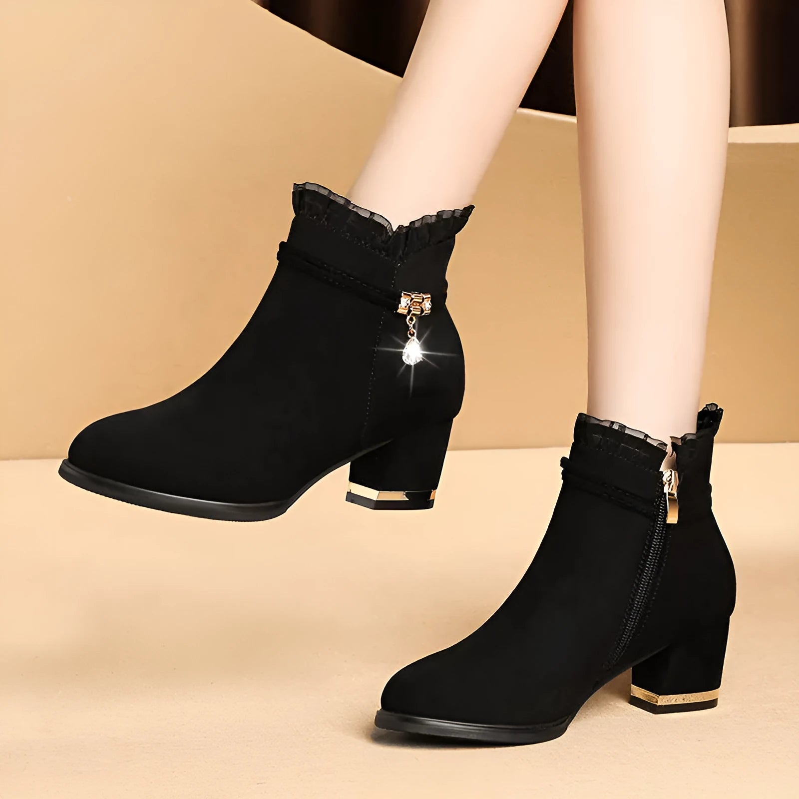 Black Season Tide sandal boots with mid-heel, tassel detail, and round toe for women