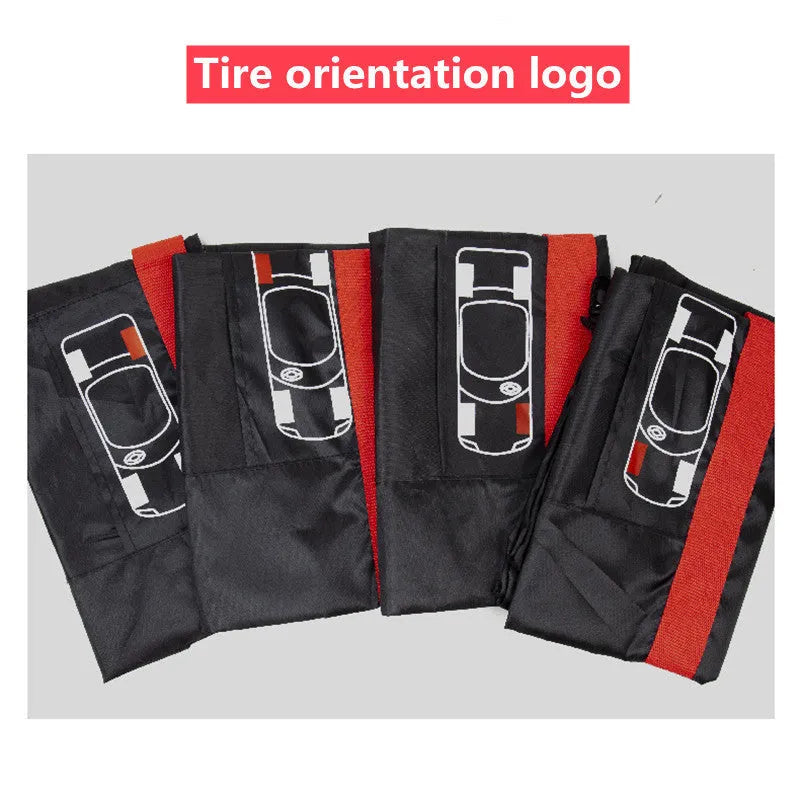 Set of four black polyester car tyre protective covers with a red belt style detail.