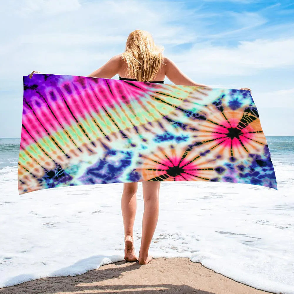 Microfiber square beach towel in tie-dye pattern, 150x75cm, made from lightweight polyester
