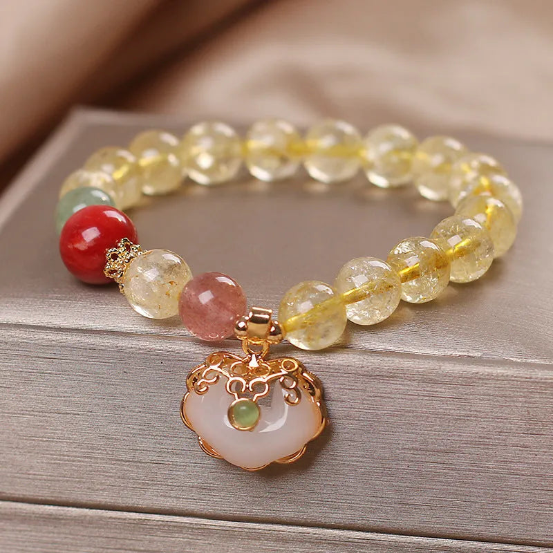 Women's bracelet with natural citrine jade ruyi pendant in yellow hair crystal colour on alloy band