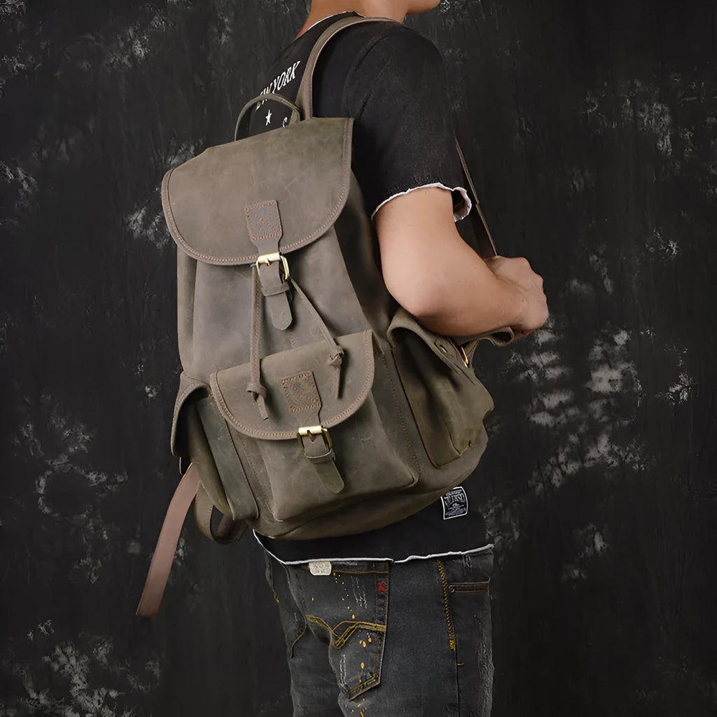 Men's retro leather drawstring backpack, 20L first layer cowhide, 30cm x 15cm x 40cm, Black Dark Brown Retro Brown