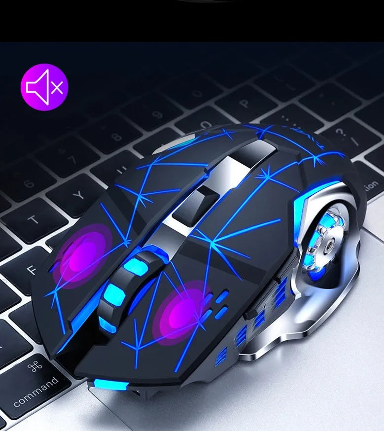 Black and white wireless computer mouse with six buttons and mute function for laptop use