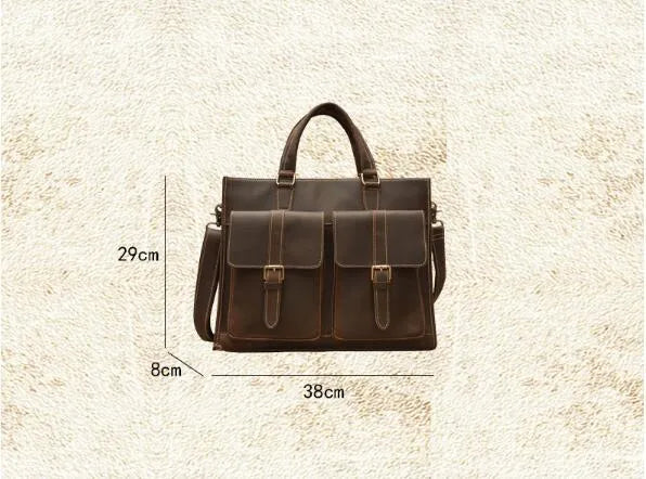 Handmade dark brown leather men's briefcase with top layer cowhide texture holding a 15-inch notebook and folder