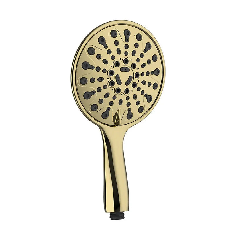 6-inch six-function handheld shower with electroplated finish showing spray pattern options