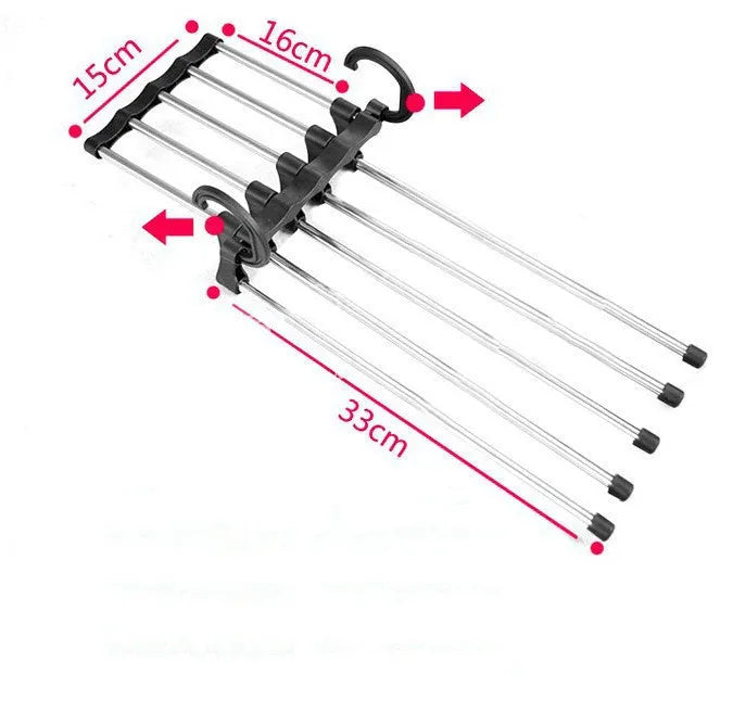 Black stainless steel magic wardrobe hanger with five booms for trousers.