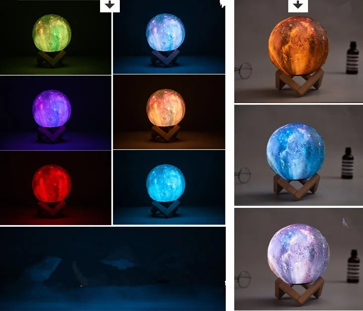 3D-printed white lunar sphere night light with crater texture on a dark surface.