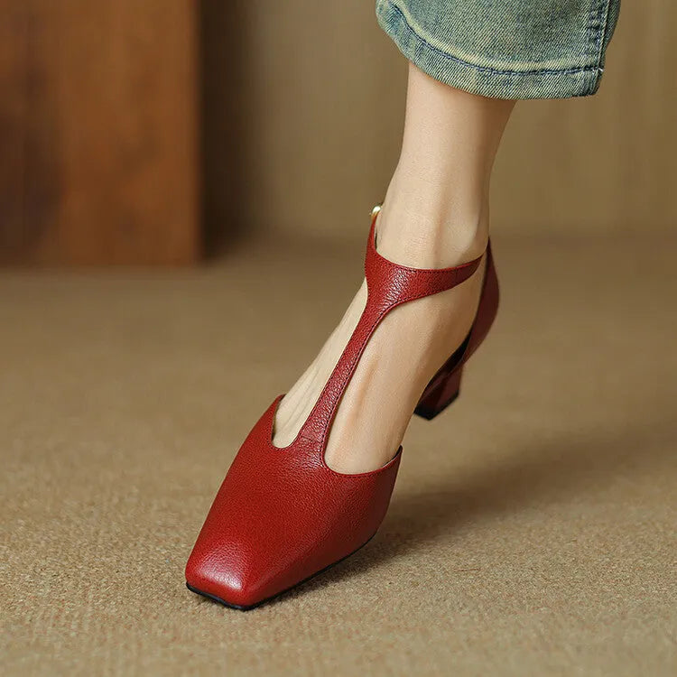 Wine red sheepskin leather retro shoes with square toe, chunky heel, and ankle buckle.