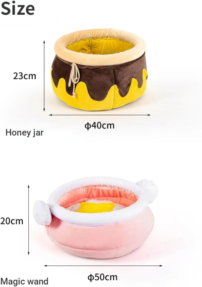 Pink honey pot shaped cat sofa bed with soft interior and a removable cushion for small pets.