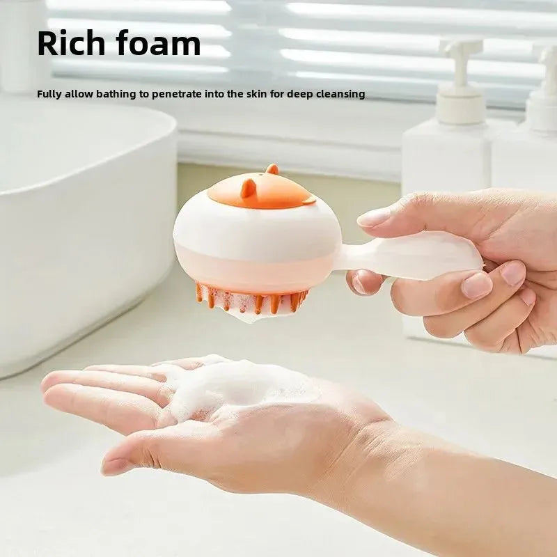 Automatic pet bath brush with soft gel massage tips in blue and orange colour options