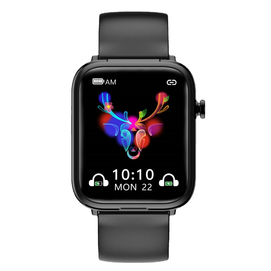 Black zinc alloy smartwatch with 1.69-inch touch screen displaying heart rate data.