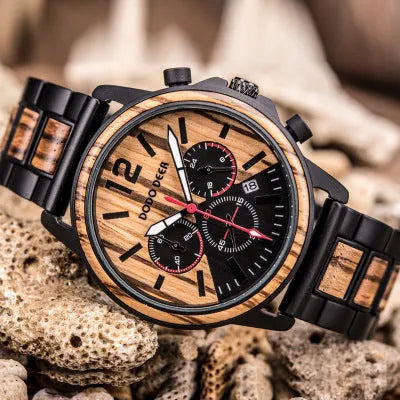 Custom engrave logo wood watch for men with natural solid wood case and stainless steel strap on brown background