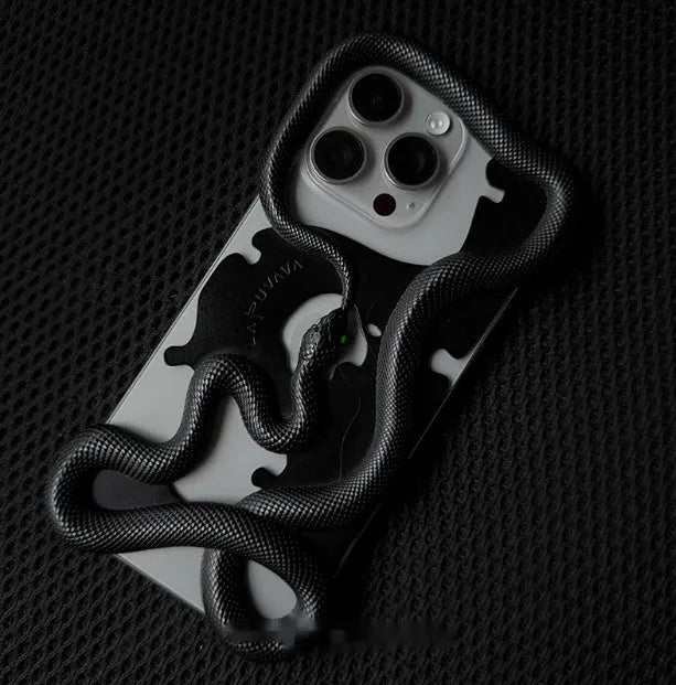 Black tailed snake hollowed out decorative phone case for iPhone 12-16 Pro Max