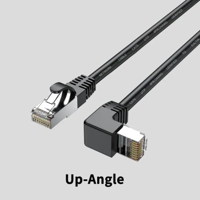 Cat6 Ethernet cable with a right-angle black RJ45 connector alongside cables in white, red, and yellow.