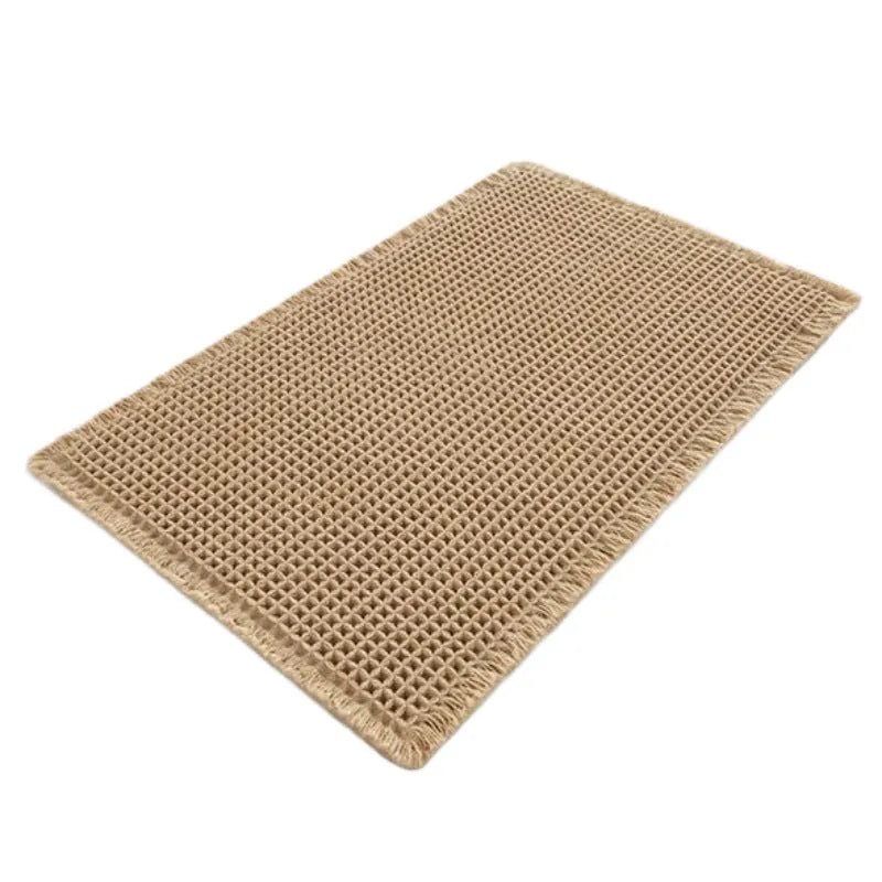 Checkered non-slip bathroom floor carpet in beige, available in multiple sizes from 43x61cm to 61x183cm
