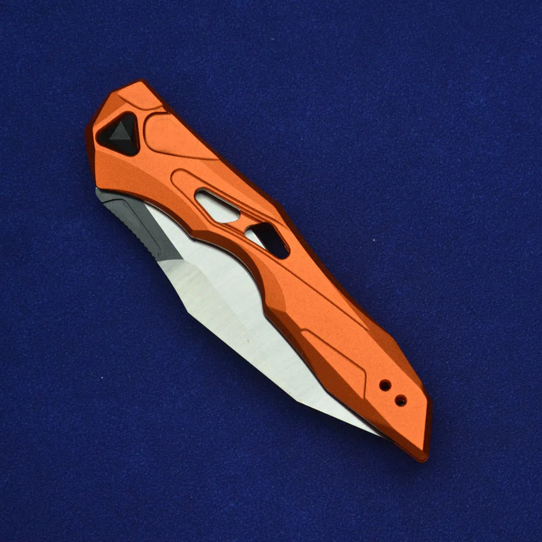 Black folding fruit knife with D2 steel blade and aluminium handle for camping and kitchen use