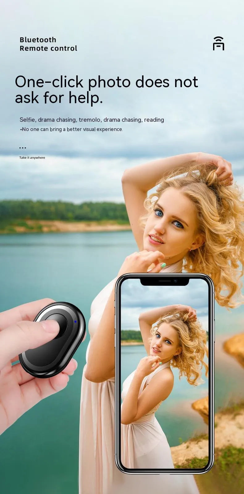 Small black wireless Bluetooth remote control for smartphone photography