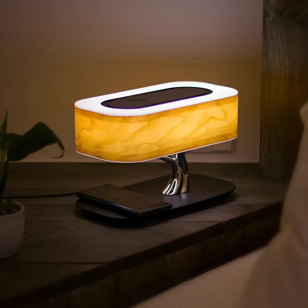 Creative Tree Light Table Lamp with Bluetooth speaker, wireless charger, natural cherry veneer lampshade, tree-shaped support