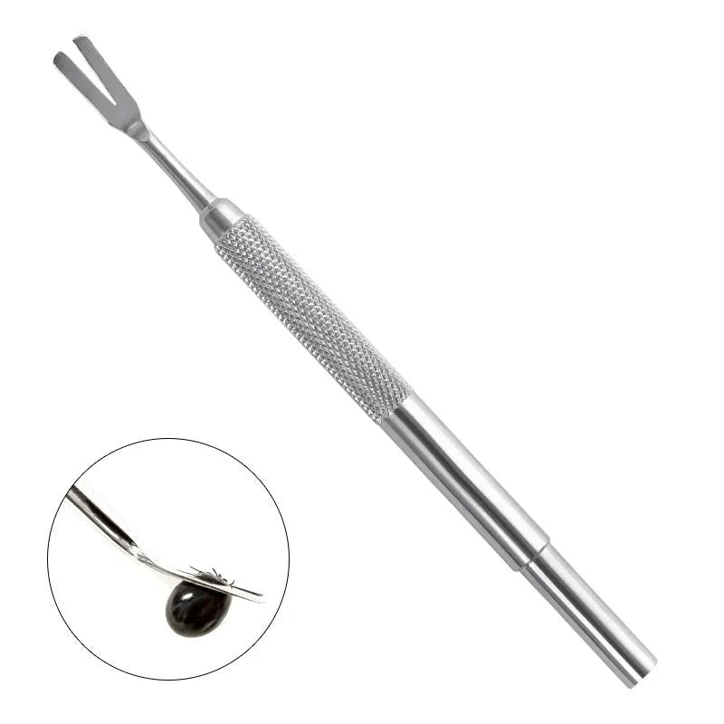 Silver stainless steel tick removal tweezers for cats and dogs with locking mechanism