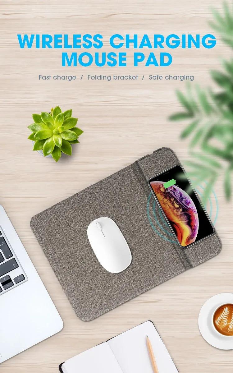 Grey foldable cloth phone holder open in stand mode, wirelessly charging a smartphone.