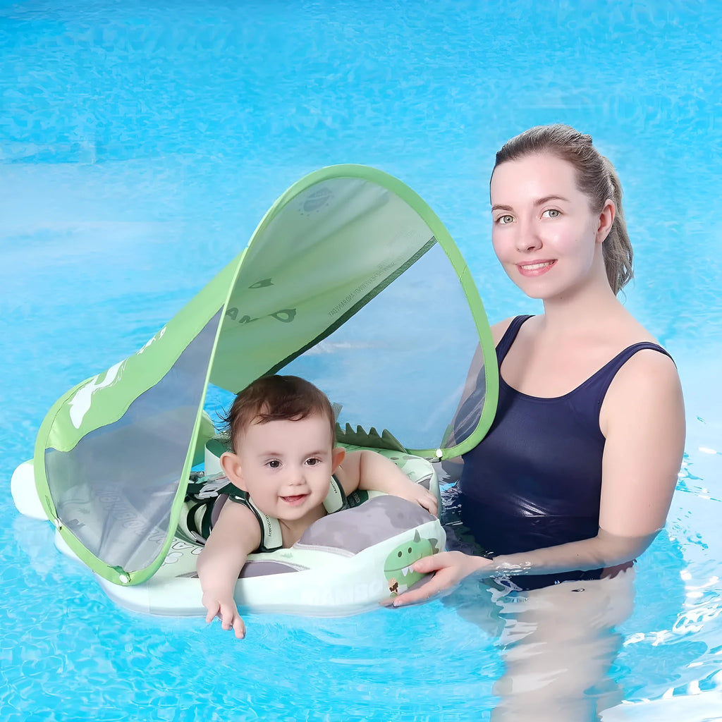 Avocado green inflatable baby swimming ring with dinosaur pattern and sun shade for children 3-24 months