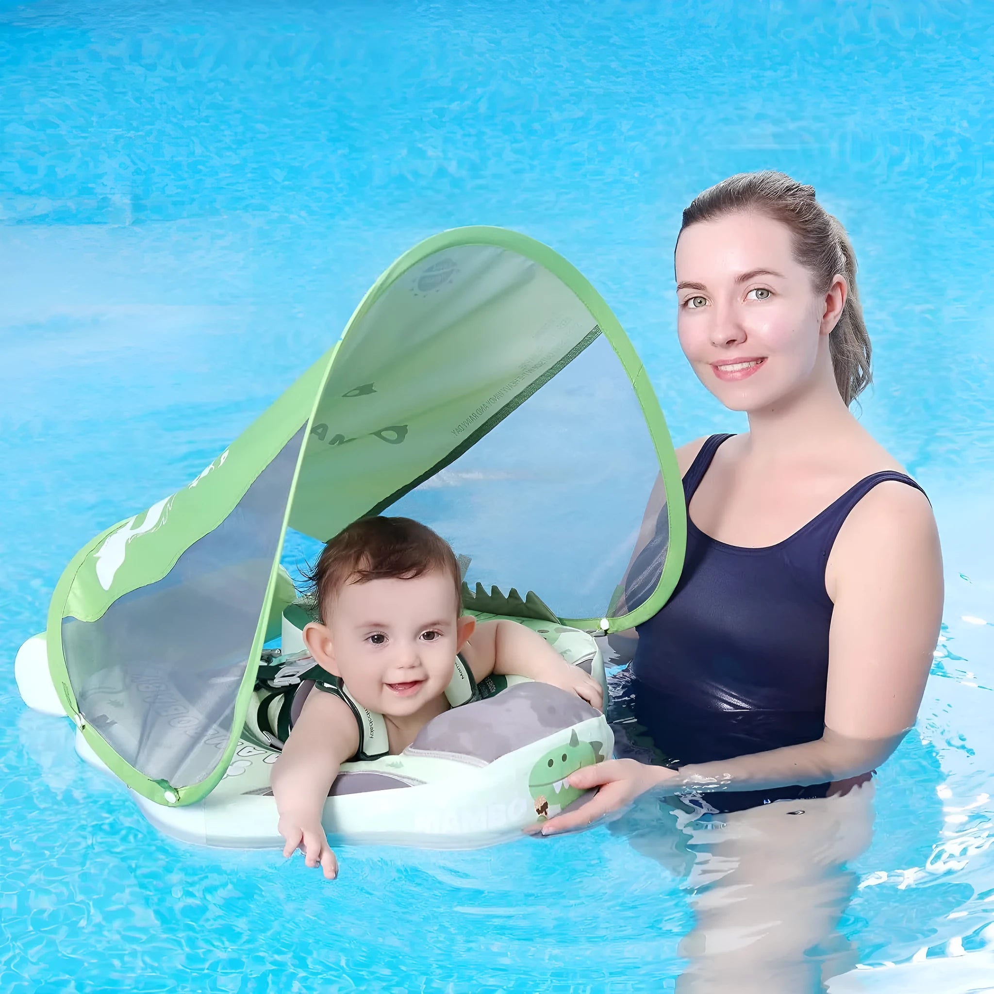Avocado green inflatable baby swimming ring with dinosaur pattern and sun shade for children 3-24 months
