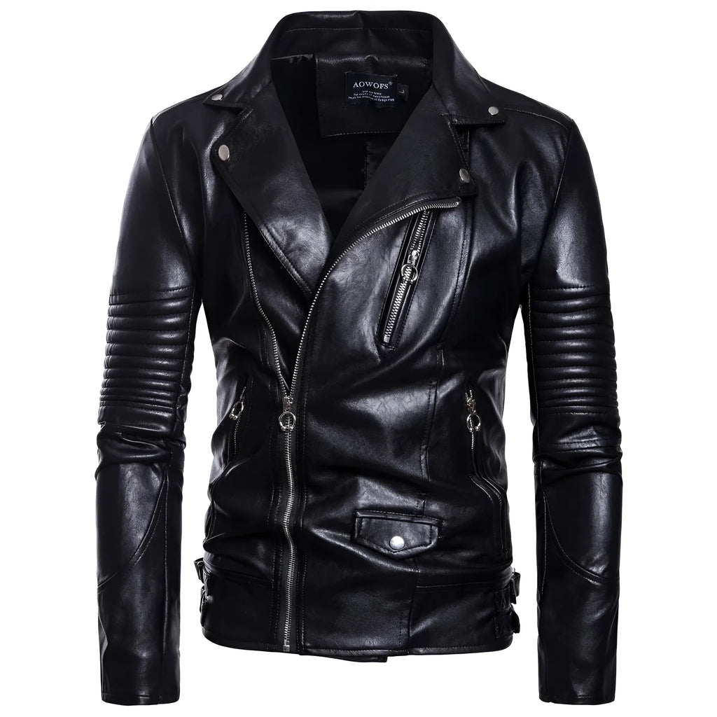 Men's black sheepskin leather jacket with suit collar and zipper front, regular fit, on display