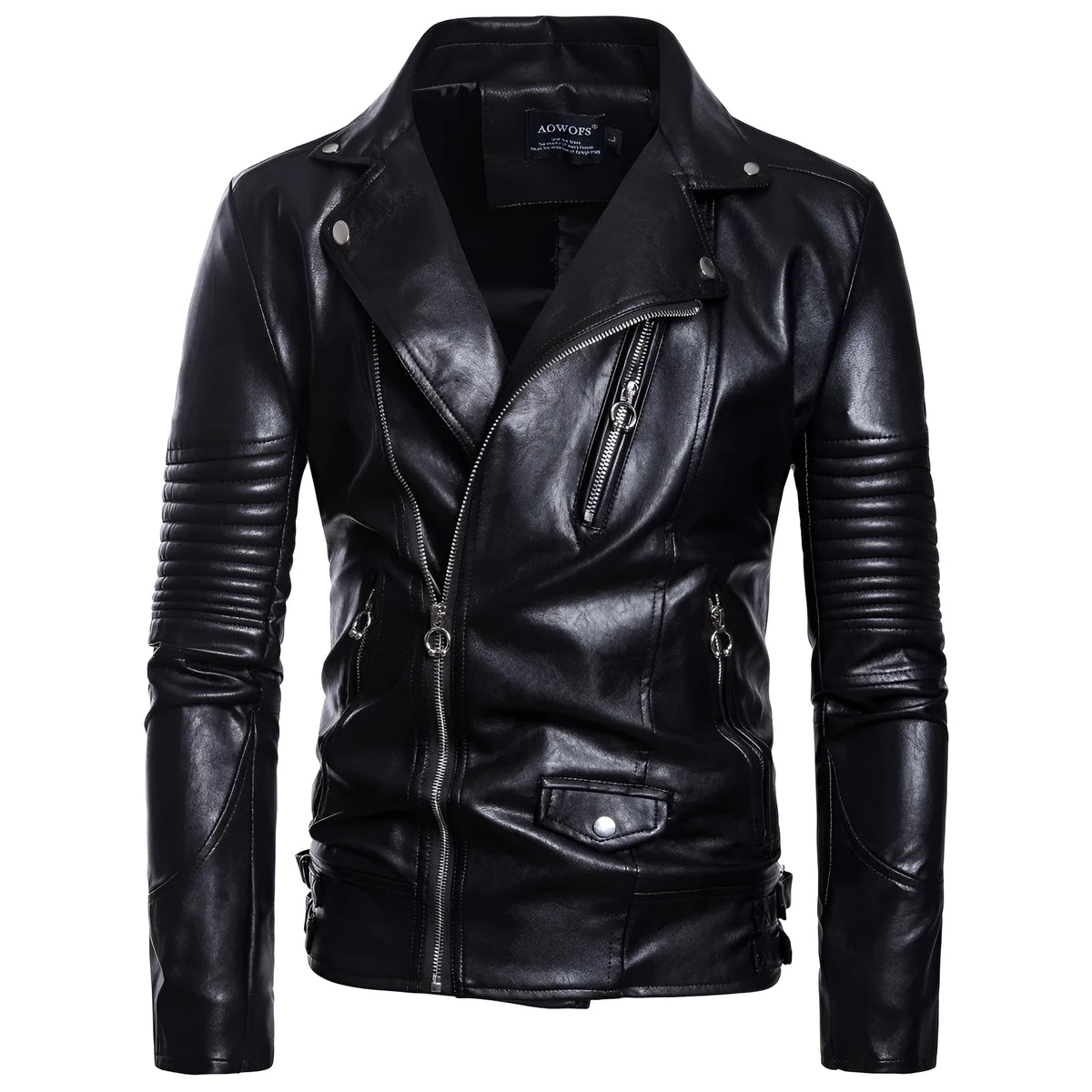 Men's black sheepskin leather jacket with suit collar and zipper front, regular fit, on display