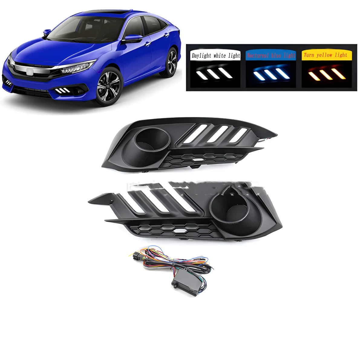 Black LED daytime running light for Mustang Civic with white blue yellow 70-90 lumen output