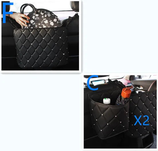 Nylon car seat storage net pocket 27x39x10cm in black, fitted between front seats