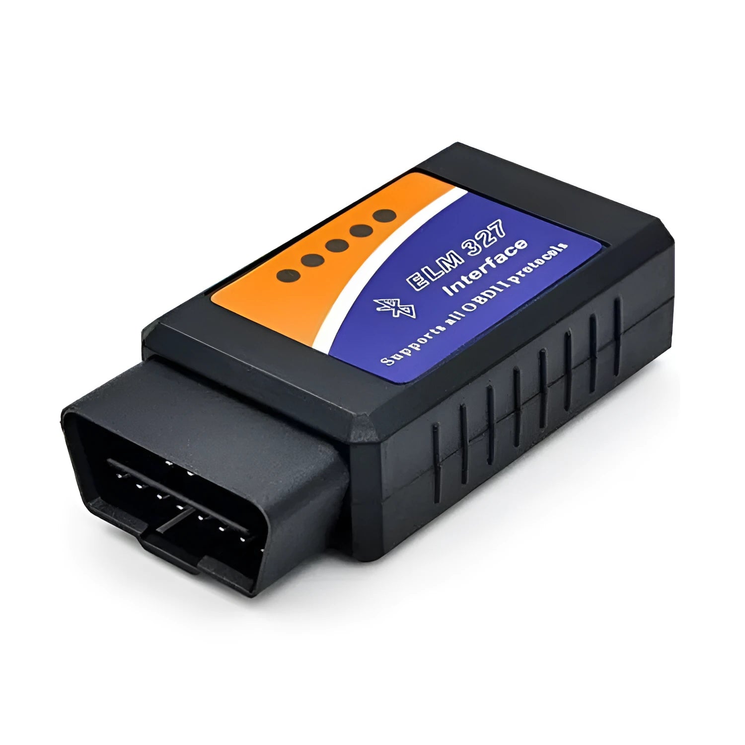 Small black ELM327 OBD2 Bluetooth car diagnostic scanner plugged into a vehicle port.