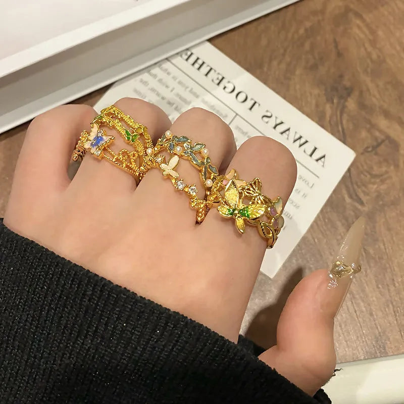 Creative butterfly women's ring in solid copper with dripping oil finish, available in 33 style variations