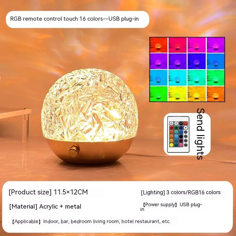 Water ripple projector night light with touch and remote control, acrylic metal USB mood lamp in spherical style