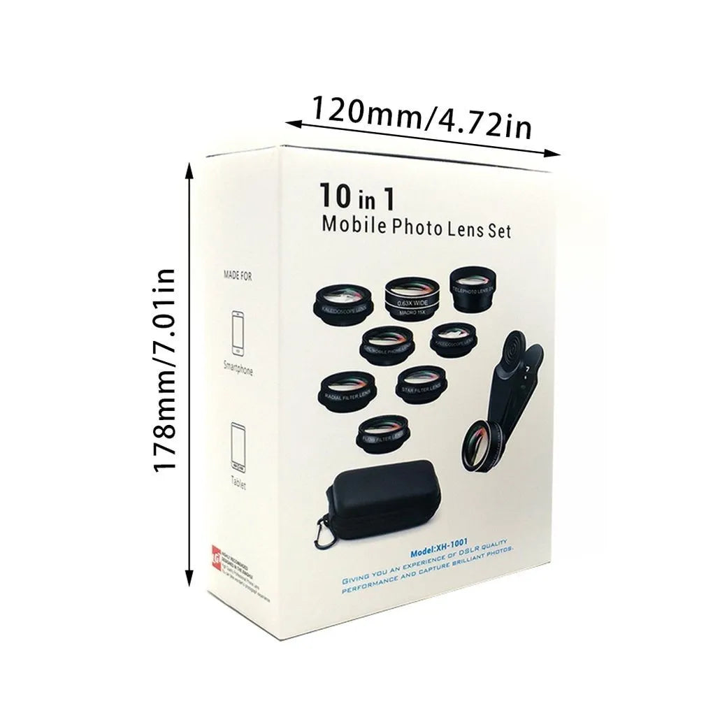 Black ten-in-one smartphone camera lens kit with aluminium-magnesium alloy and HD glass construction