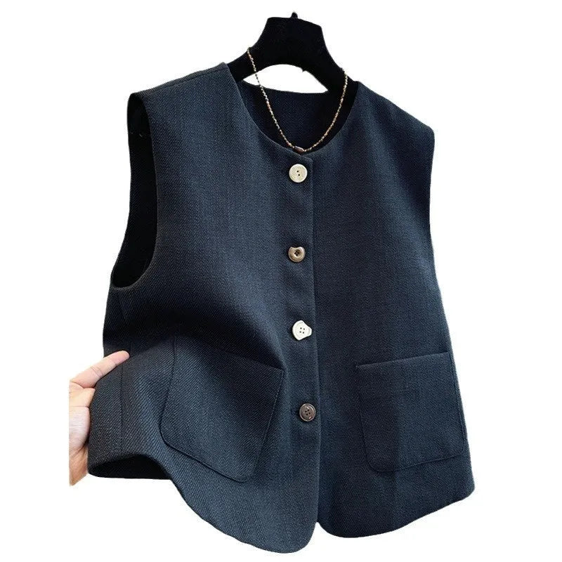 Women's sleeveless round neck vest in French bandage style, polyester fabric in milky white colour