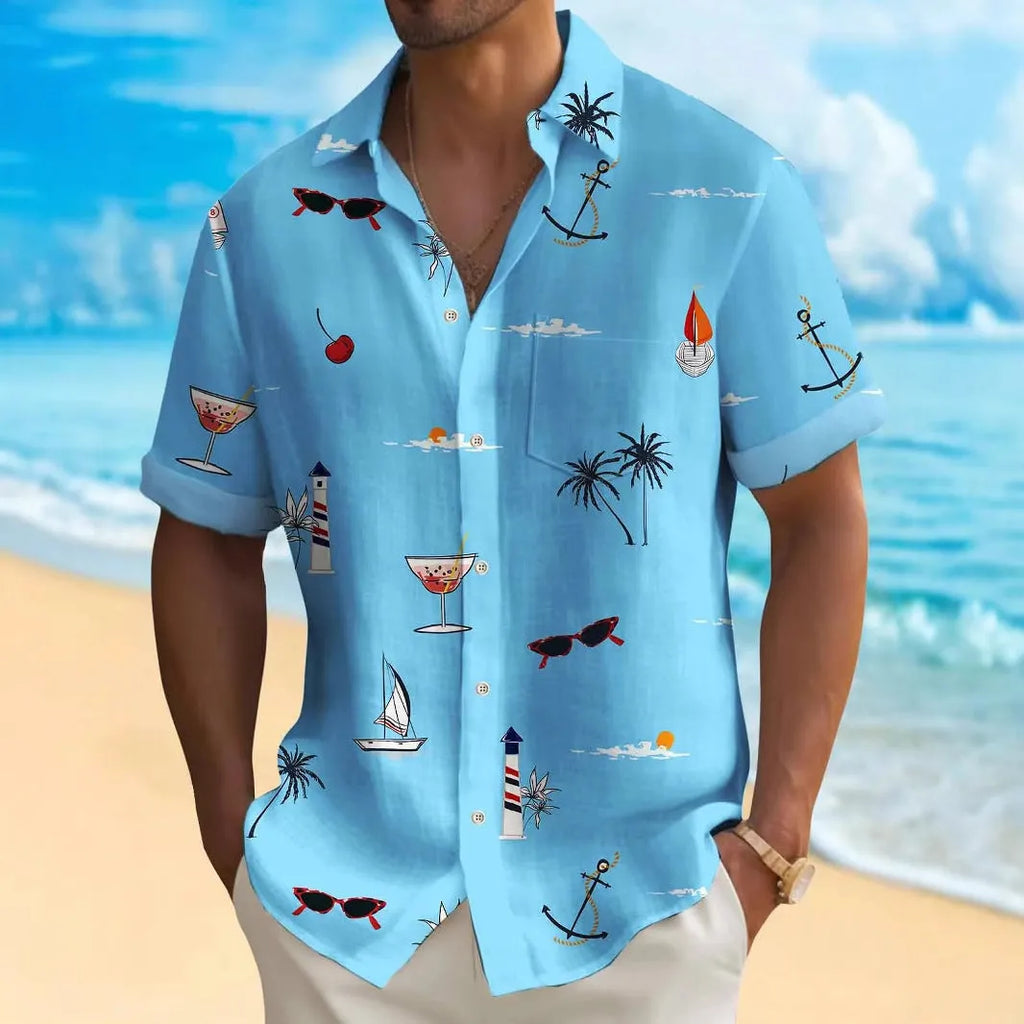 Man wearing a loose-fit, short-sleeve Hawaiian shirt with a digital floral print.