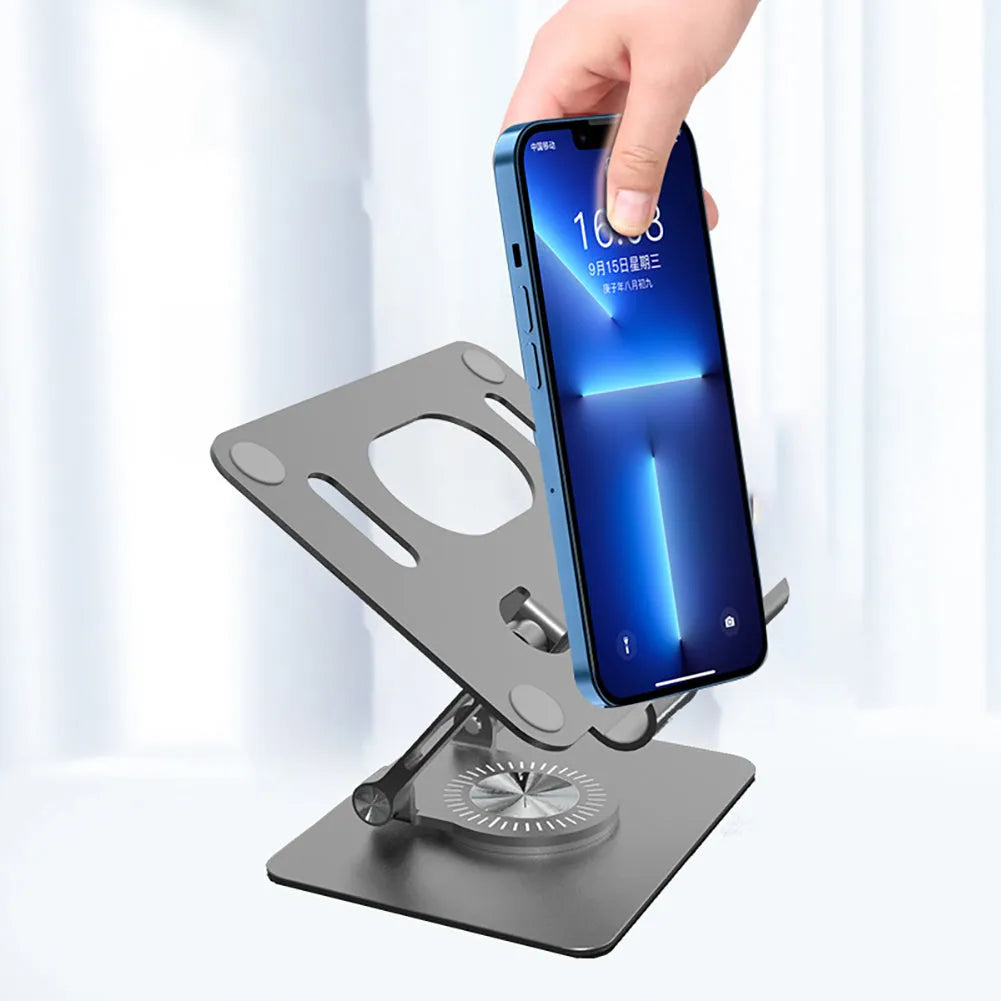 Rotating aluminium tablet stand extended to maximum height with tablet in portrait orientation