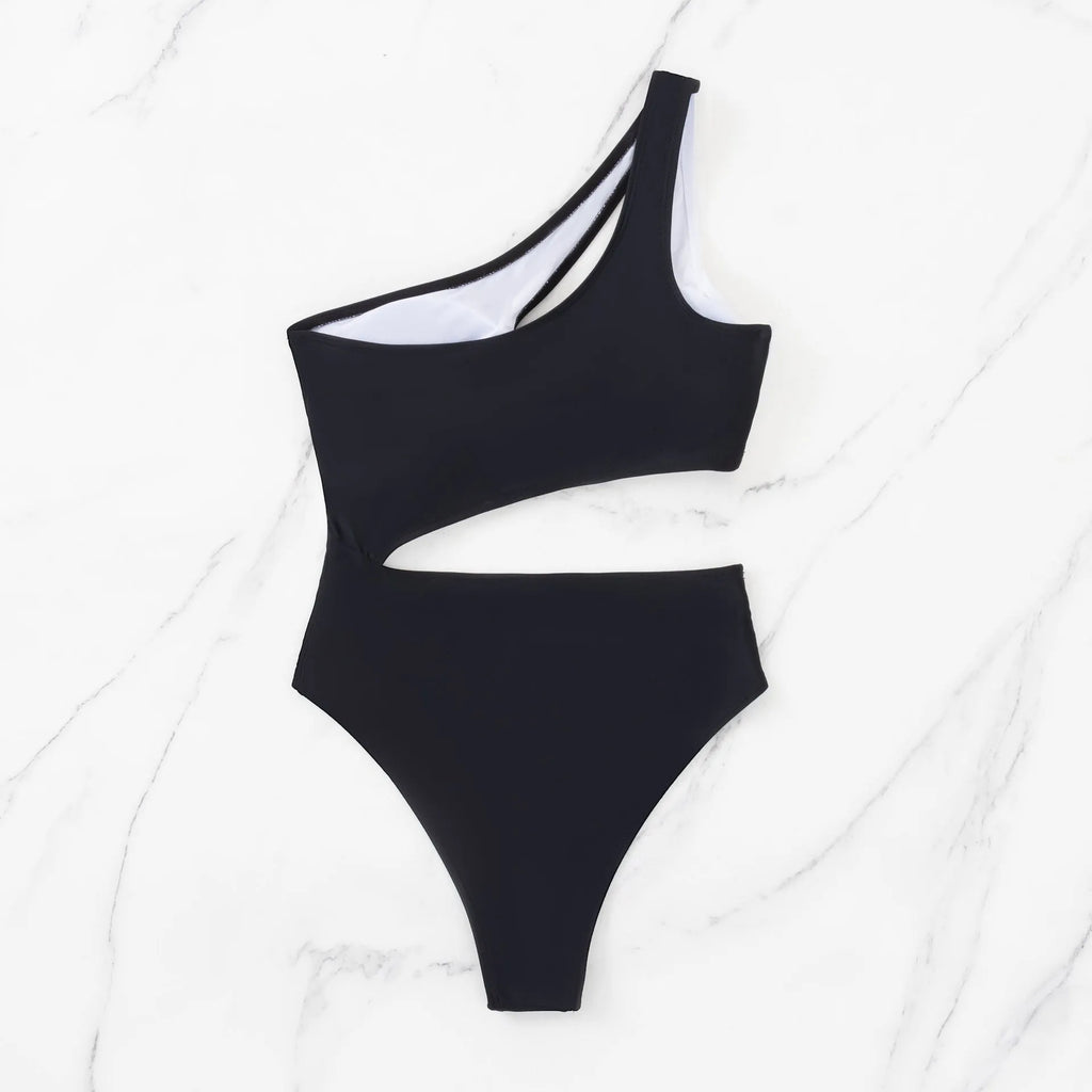 Black women's one-piece swimsuit with white contrast stitching and hollowed sleeveless design