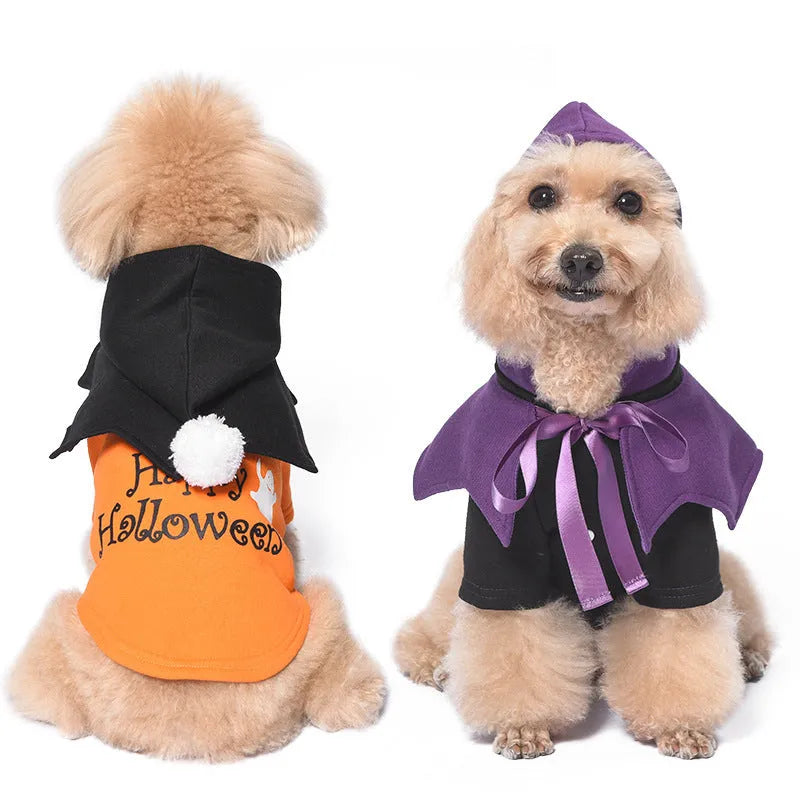 Halloween pumpkin-themed dog sweater with attached shawl in black and orange colours